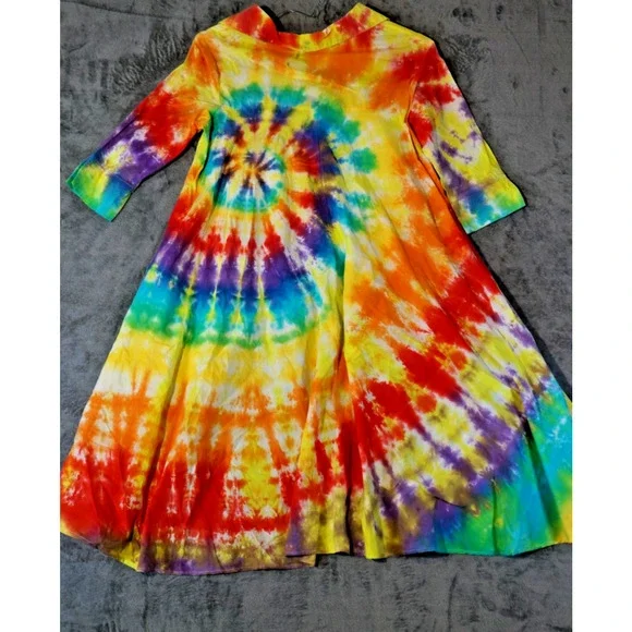Luxe Artisan Hand Dyed Rainbow Tie-Dye Asymmetric Hem Dress Size Small - Picture 4 of 14